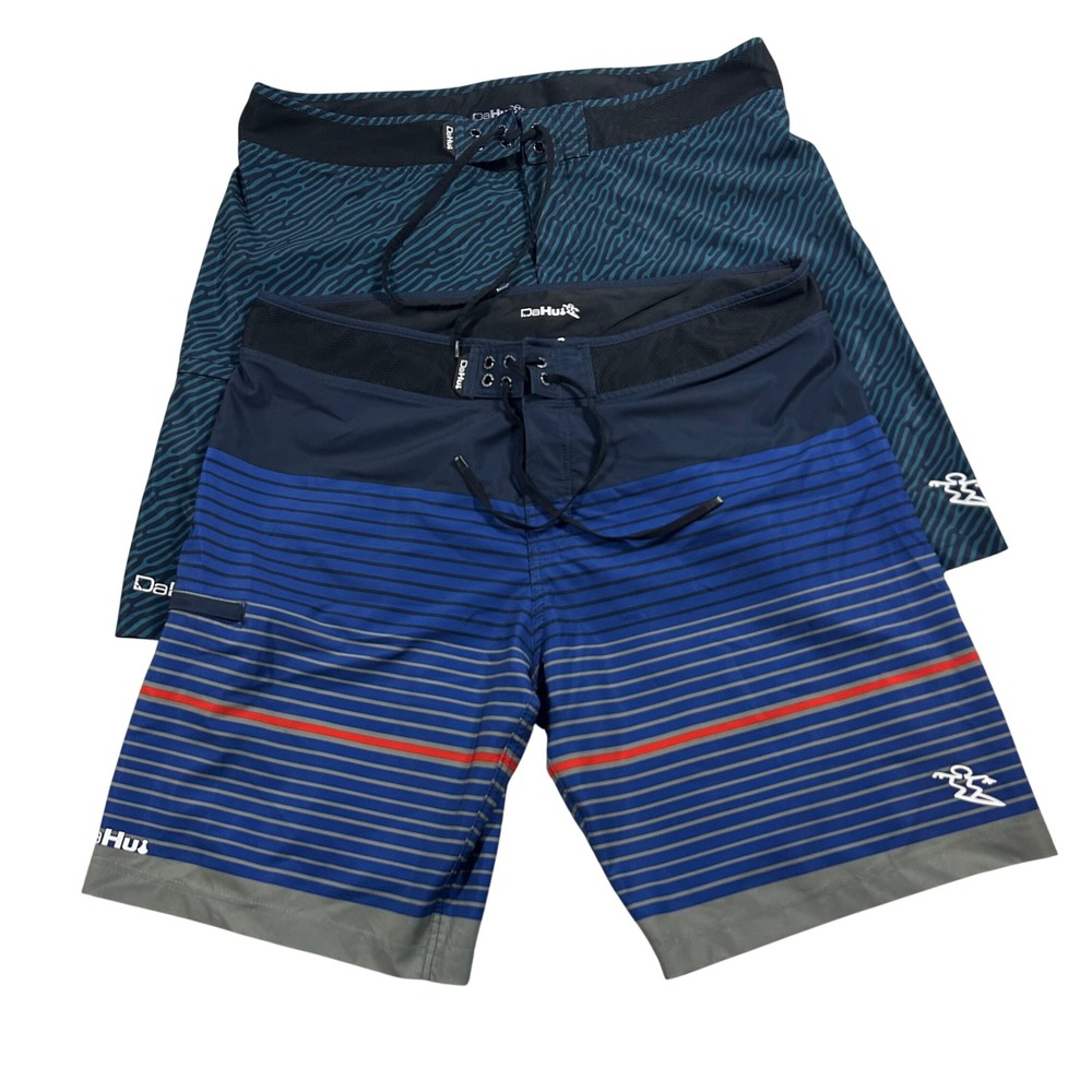 Lot of 2 Da Hui Board Shorts Mens 38 Blue Teal Striped Abstract Wave Swim Trunks